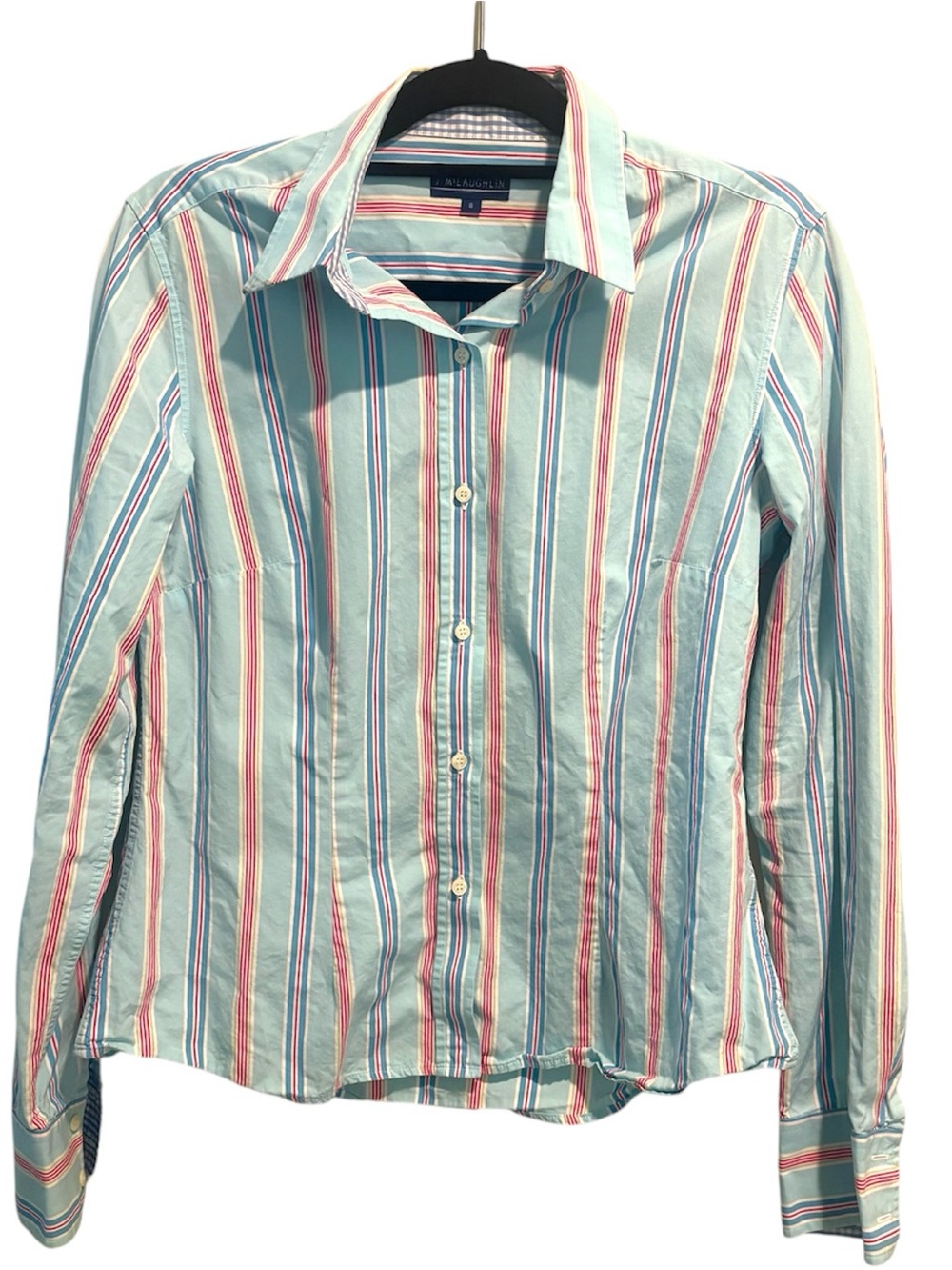 J McLaughlin Striped Button Down Shirt Top 8 Contrast Cuff 2 Ply Coastal Grandma
